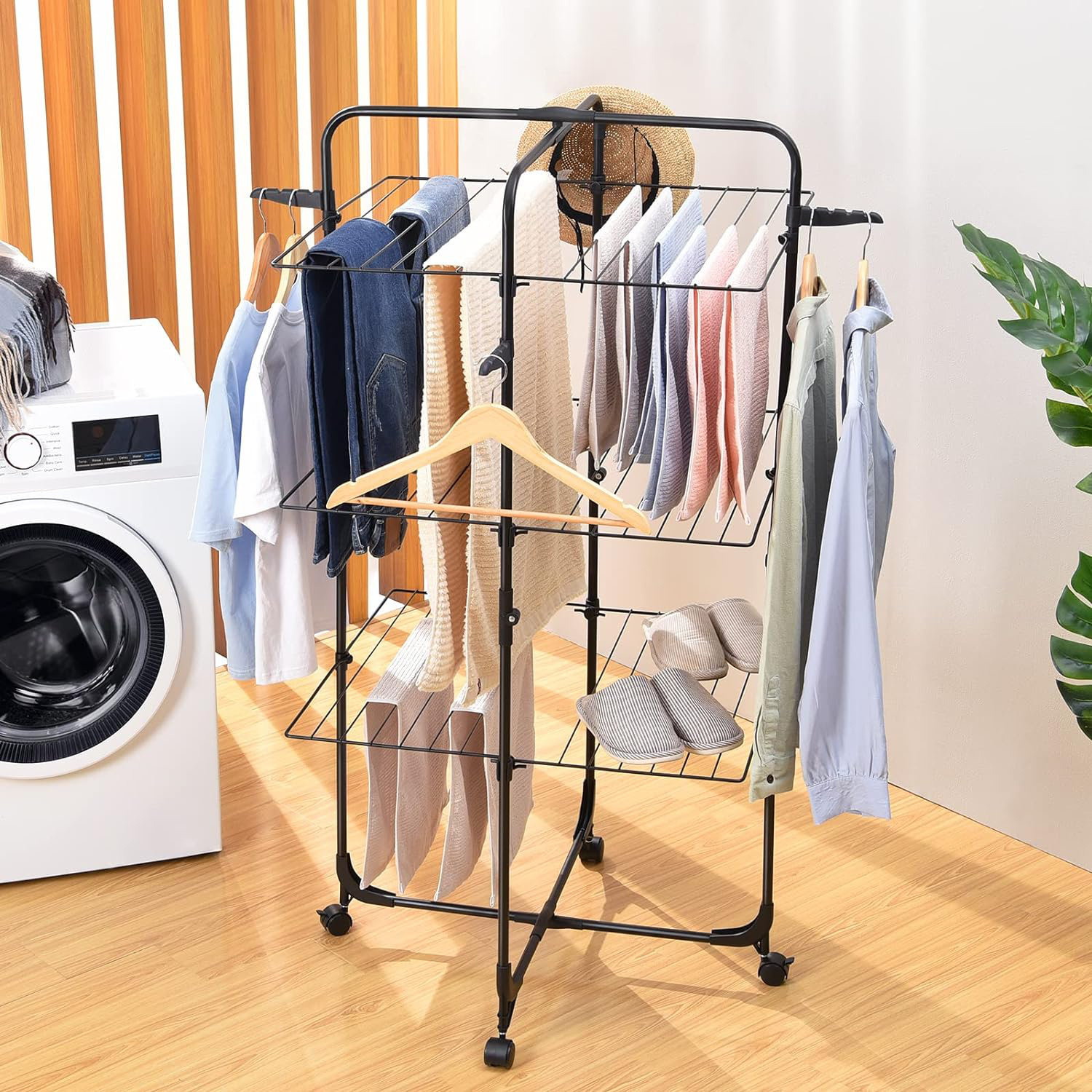 Rebrilliant Clothes Drying Rack 3 Tier Collapsible Laundry Rack Stand Garment Drying Station With Wheels And 4 Hooks Indoor Outdoor Use For Bed Linen Clothing Socks Scarves Black Wayfair